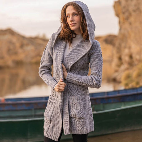 Women's Aran Knit Hooded Long Cardigan, Grey Lifestyle Creative Irish Gifts