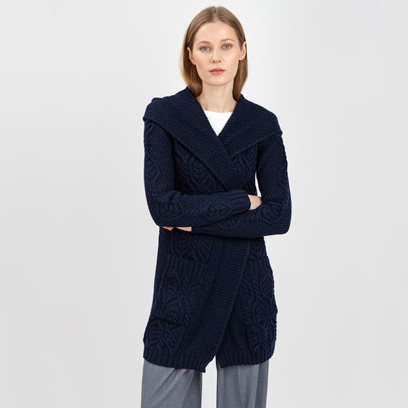 Women's Aran Knit Hooded Long Cardigan, Navy front view Creative Irish Gifts