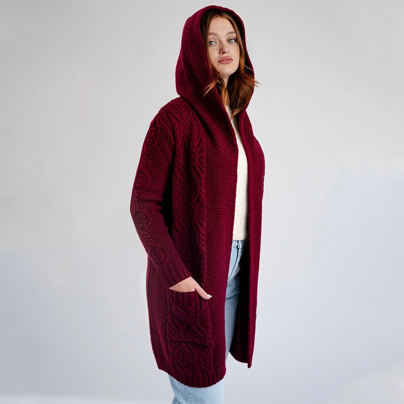 ML116-108 Women's Hooded Long Aran Cardigan, Wine Creative Irish Gifts
