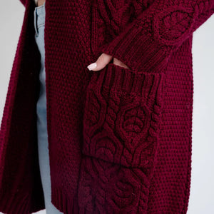 ML116-108 Women's Hooded Long Aran Cardigan, Wine Creative Irish Gifts
