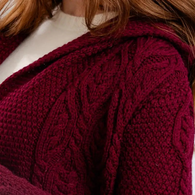 ML116-108 Women's Hooded Long Aran Cardigan, Wine Creative Irish Gifts
