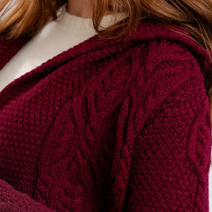 ML116-108 Women's Hooded Long Aran Cardigan, Wine Creative Irish Gifts

