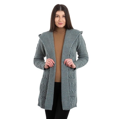 Women's Aran Knit Hooded Long Cardigan, Front View Creative Irish Gifts