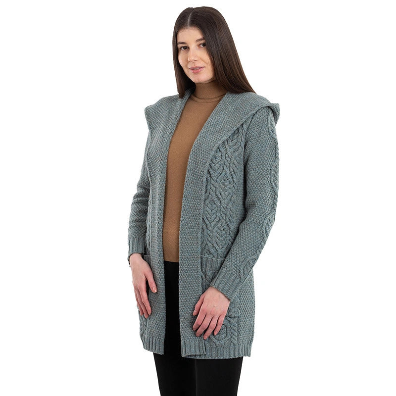 ML116-113 Women's Hooded Long Aran Cardigan, Skylight Creative Irish Gifts
