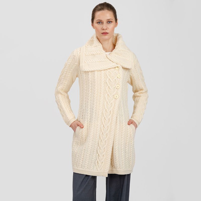 Women's Classic Aran Knit Cable Coat, White Front View Creative Irish Gifts