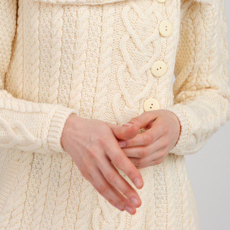 Women's Classic Aran Knit Cable Coat, White Front View Creative Irish Gifts