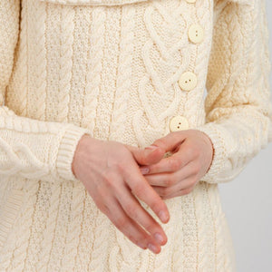 Women's Classic Aran Knit Cable Coat, White Front View Creative Irish Gifts