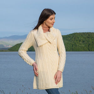 Women's Classic Aran Knit Cable Coat, White Lifestyle Creative Irish Gifts