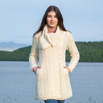 Women's Classic Aran Knit Cable Coat, White Creative Irish Gifts