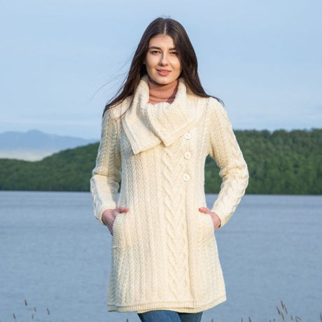 Women's Classic Aran Knit Cable Coat, White Creative Irish Gifts