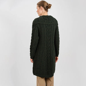 ML120-102 Women's Classic Aran Knit Cable Coat, Army Green Back View Creative Irish Gifts
