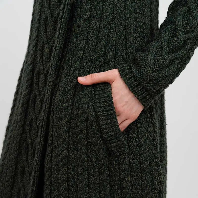 ML120-102 Women's Classic Aran Knit Cable Coat, Army Green Close Up Creative Irish Gifts
