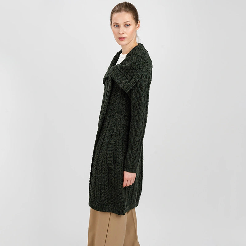 ML120-102 Women's Classic Aran Knit Cable Coat, Army Green Side ViewCreative Irish Gifts
