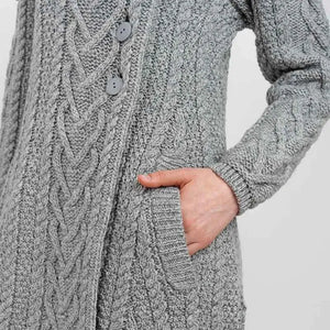 ML120-103 Women's Classic Aran Knit Cable Coat, Grey Close Up Creative Irish Gifts
