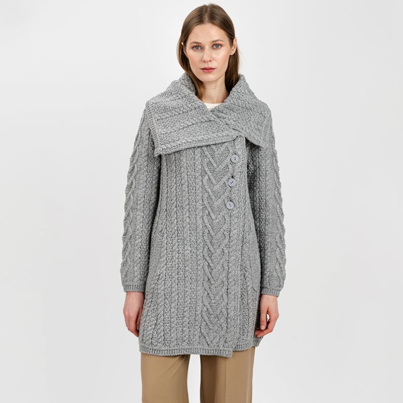 Women's Classic Aran Knit Cable Coat, Grey Front View Creative Irish Gifts