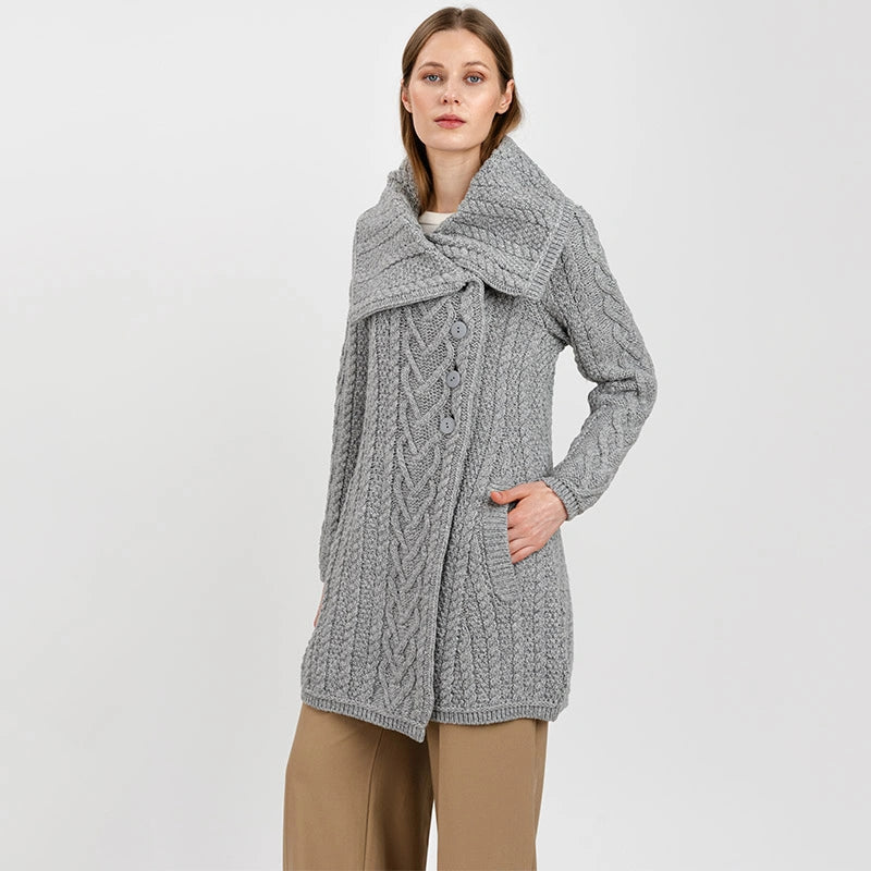 ML120-103 Women's Classic Aran Knit Cable Coat, Grey Creative Irish Gifts
