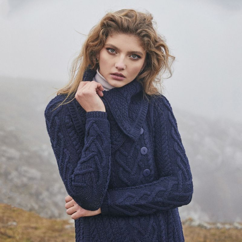 Women's Classic Aran Knit Cable Coat, Navy Lifestyle Creative Irish Gifts