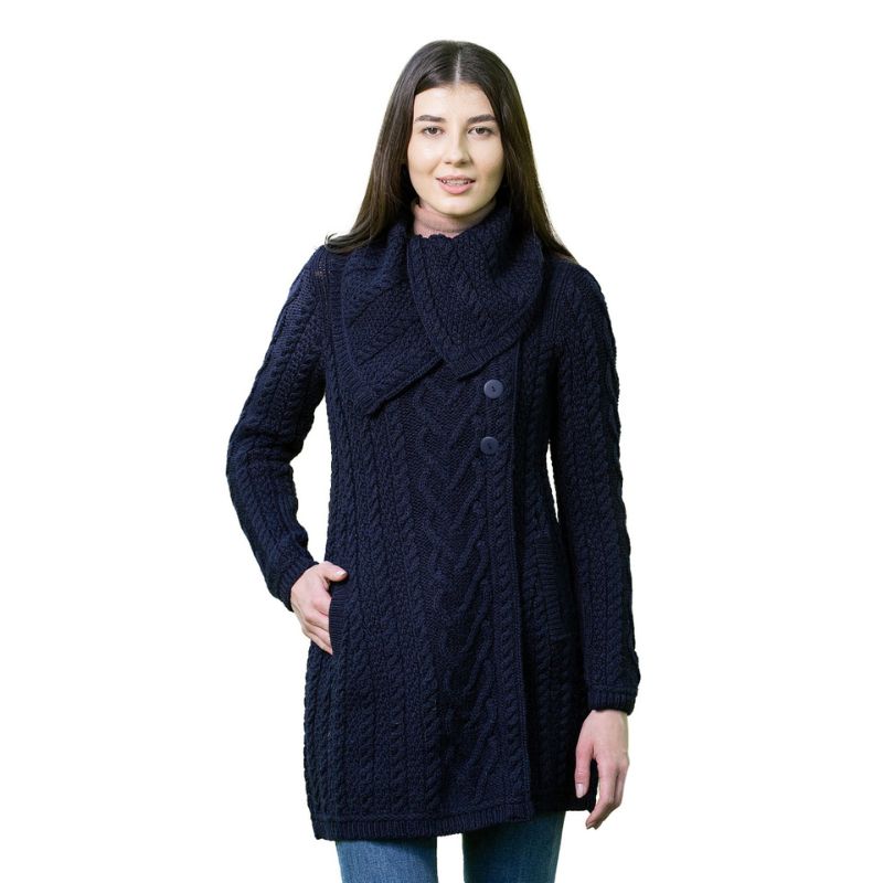 Women's Classic Aran Knit Cable Coat, Navy Front ViewCreative Irish Gifts