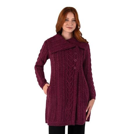 Women's Classic Aran Knit Cable Coat, Red Creative Irish Gifts