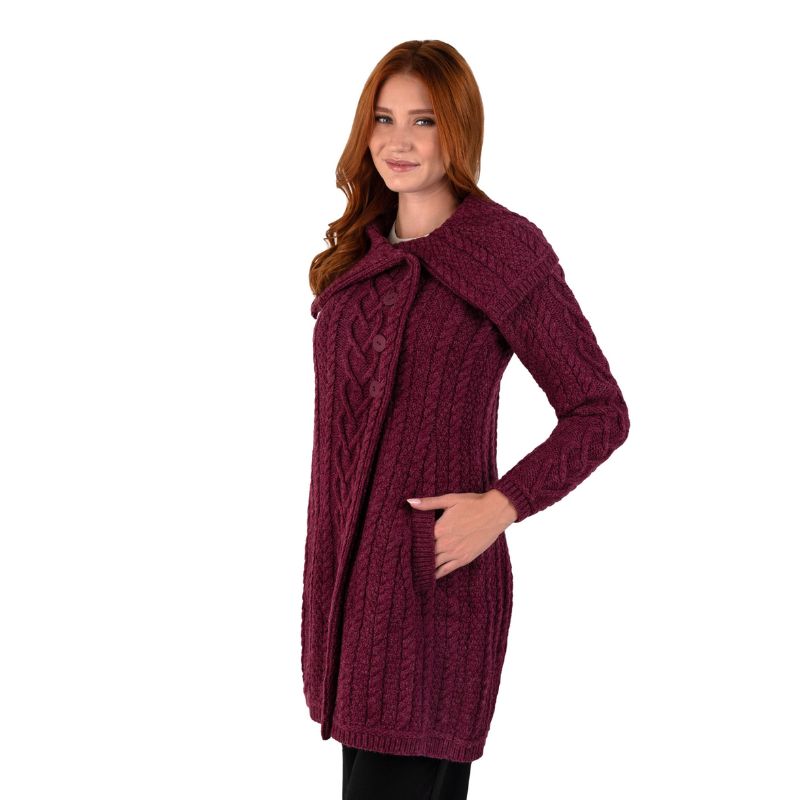 Women's Classic Aran Knit Cable Coat, Red Side View Creative Irish Gifts