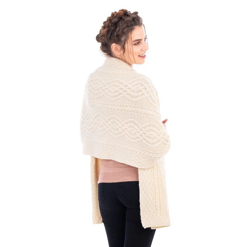 ML124-100-OS Women's Merino Wool Aran Wrap, Natural Back View  Creative Irish Gifts
