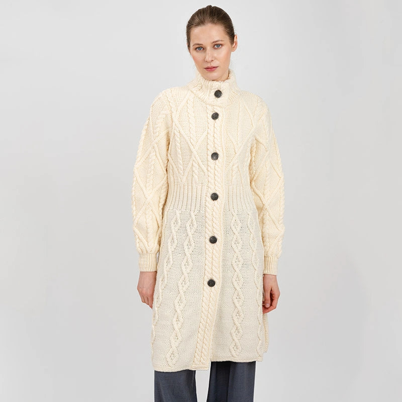 ML126-100 Women's Signature Aran Cable Knit Long Coat, Natural Creative Irish Gifts
