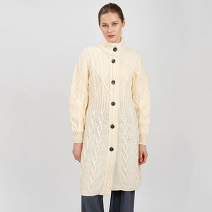 ML126-100 Women's Signature Aran Cable Knit Long Coat, Natural Creative Irish Gifts
