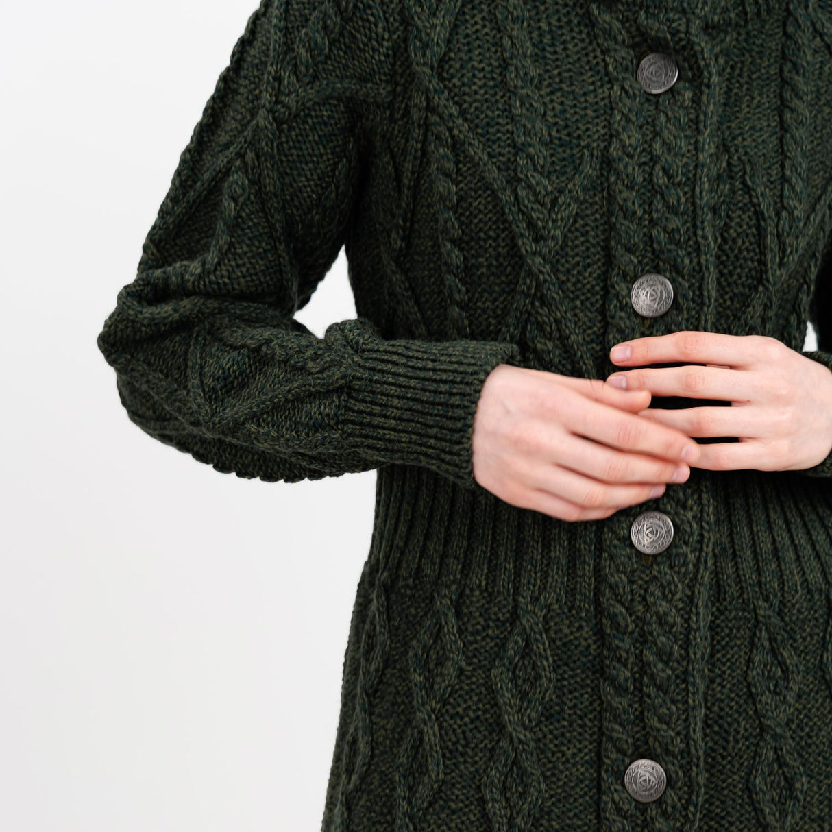 ML126-102 Women's Signature Aran Cable Knit Long Coat, Army Green Close Up Creative Irish Gifts
