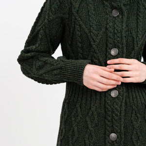 ML126-102 Women's Signature Aran Cable Knit Long Coat, Army Green Close Up Creative Irish Gifts
