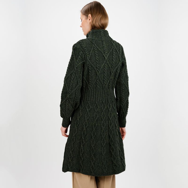 Women's Aran Cable Knit Signature Coat, Green Back View Creative Irish Gifts