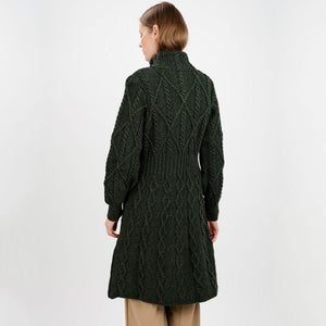 Women's Aran Cable Knit Signature Coat, Green Back View Creative Irish Gifts