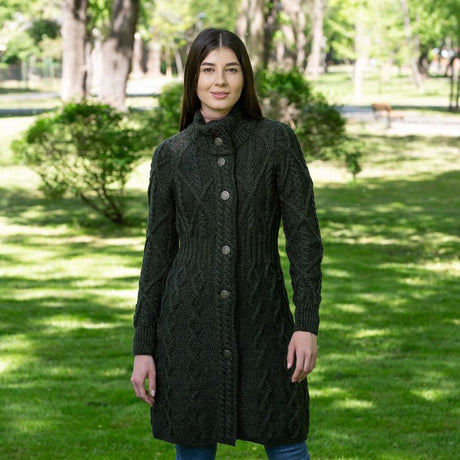 Women's Aran Cable Knit Signature Coat, Green Lifestyle Creative Irish Gifts