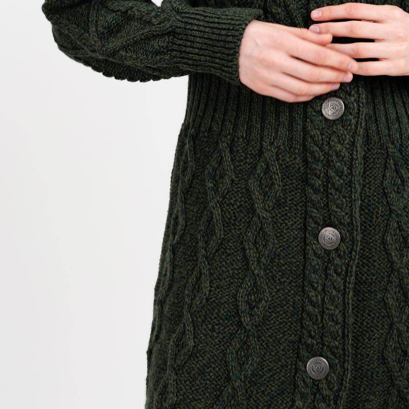 Women's Aran Cable Knit Signature Coat, Green front Creative Irish Gifts