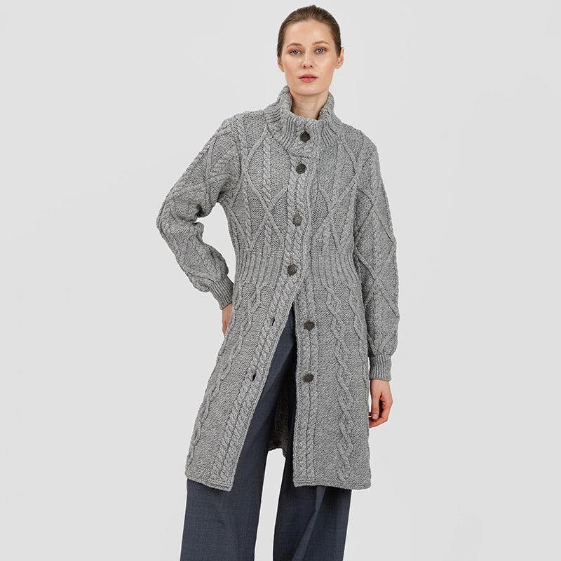 ML126-103 Women's Signature Aran Cable Knit Long Coat, Grey Creative Irish Gifts
