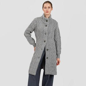 ML126-103 Women's Signature Aran Cable Knit Long Coat, Grey Creative Irish Gifts
