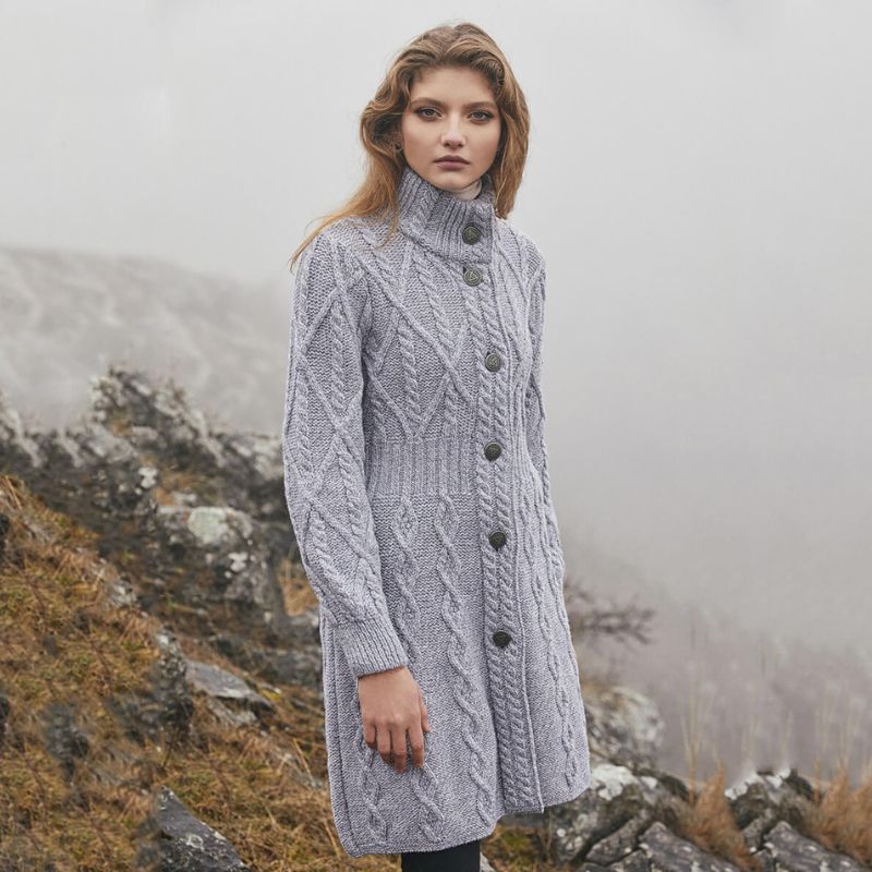 Women's Aran Cable Knit Signature Coat, Grey Lifestyle Creative Irish Gifts