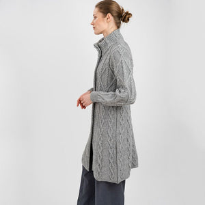 Women's Aran Cable Knit Signature Coat, Grey Side View Creative Irish Gifts