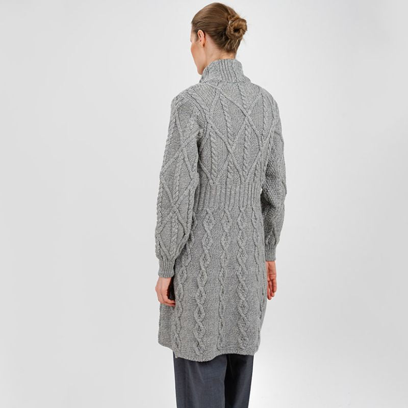 Women's Aran Cable Knit Signature Coat, Grey Back View Creative Irish Gifts