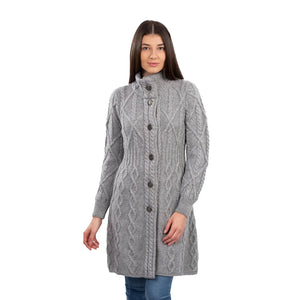 ML126-103 Women's Signature Aran Cable Knit Long Coat, Grey Creative Irish Gifts
