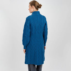 Women's Aran Cable Knit Signature Coat, Blue Back View Creative Irish Gifts
