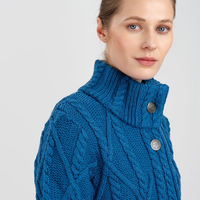 Women's Aran Cable Knit Signature Coat, Blue Creative Irish Gifts
