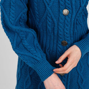 Women's Aran Cable Knit Signature Coat, Blue front Creative Irish Gifts