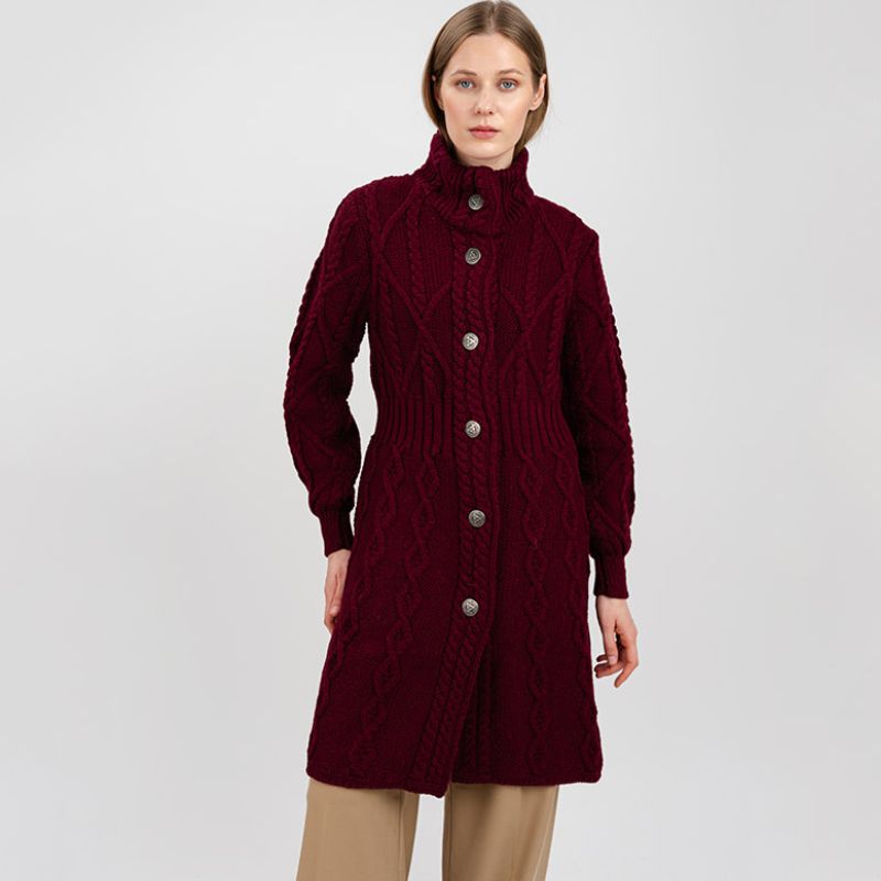 Women's Aran Cable Knit Signature Coat, Red Studio Creative Irish Gifts