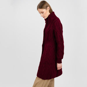 Women's Aran Cable Knit Signature Coat, Red Side View Creative Irish Gifts