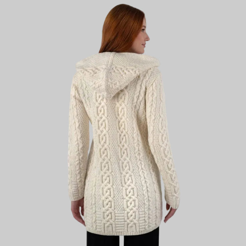 Women's Celtic Aran Knit Jacket, White Back View Creative Irish Gifts
