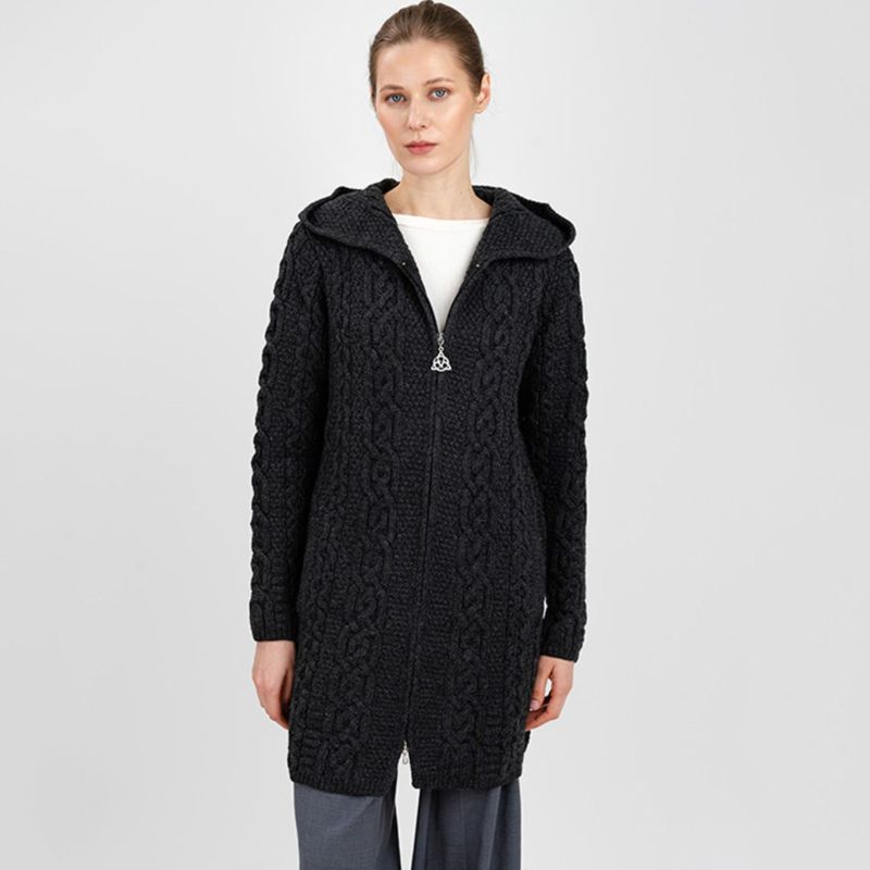 Women's Celtic Aran Knit Jacket, Charcoal Front View Creative Irish Gifts
