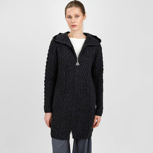 Women's Celtic Aran Knit Jacket, Charcoal Front View Creative Irish Gifts