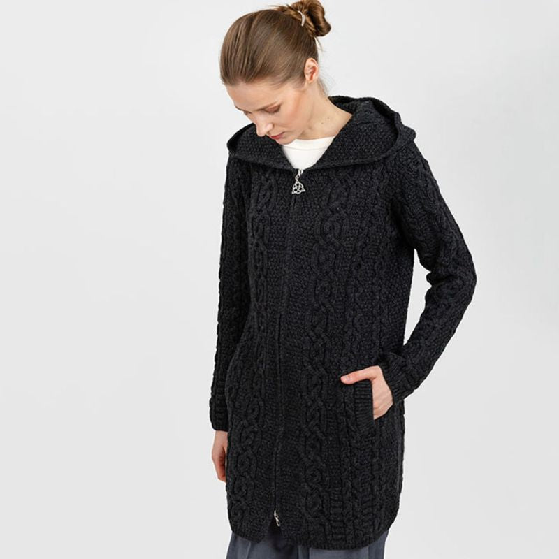 Women's Celtic Aran Knit Jacket, Charcoal Creative Irish Gifts
