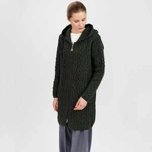 ML128-102 Women's Woollen Aran Knit Hooded Coatigan, Army Green Creative Irish Gifts
