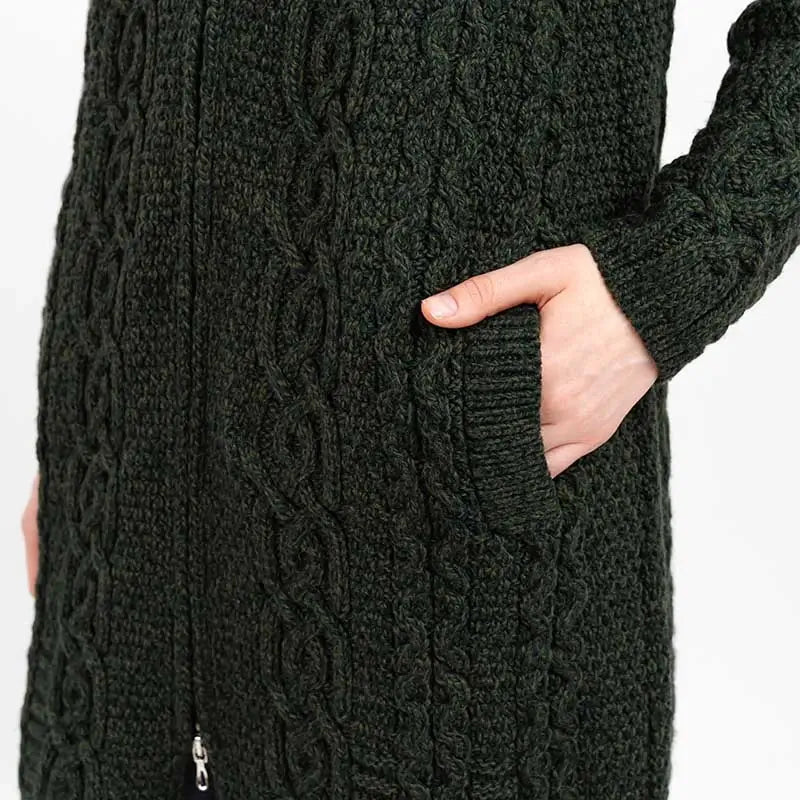 ML128-102 Women's Woollen Aran Knit Hooded Coatigan, Army Green Close Up Creative Irish Gifts
